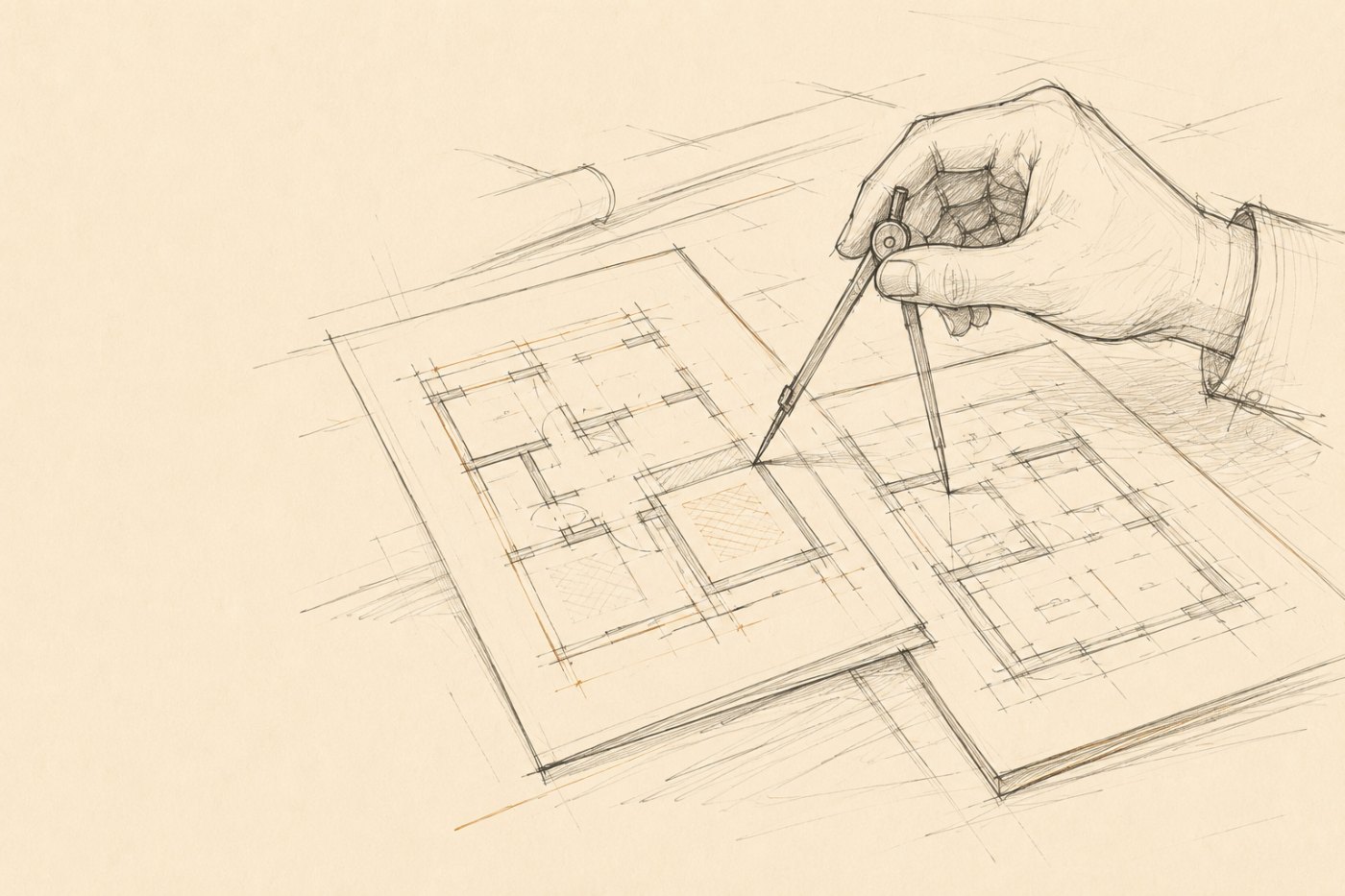 Sketch of a hand using dividers to measure a technical drawing
