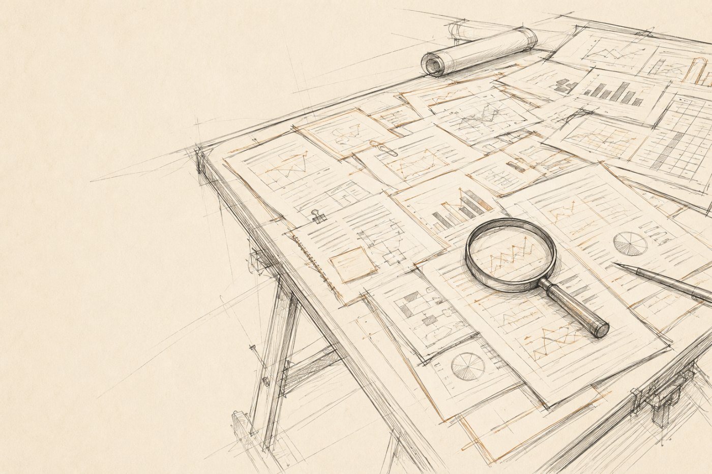 Sketch of a drafting table covered in analysed documents and charts
