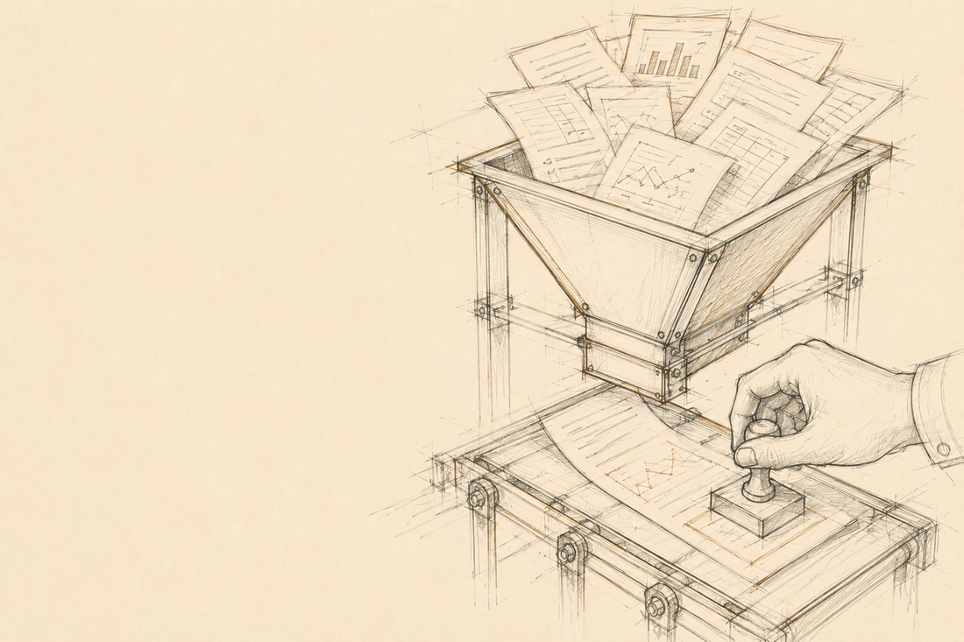 Sketch of documents passing through a funnel onto a press