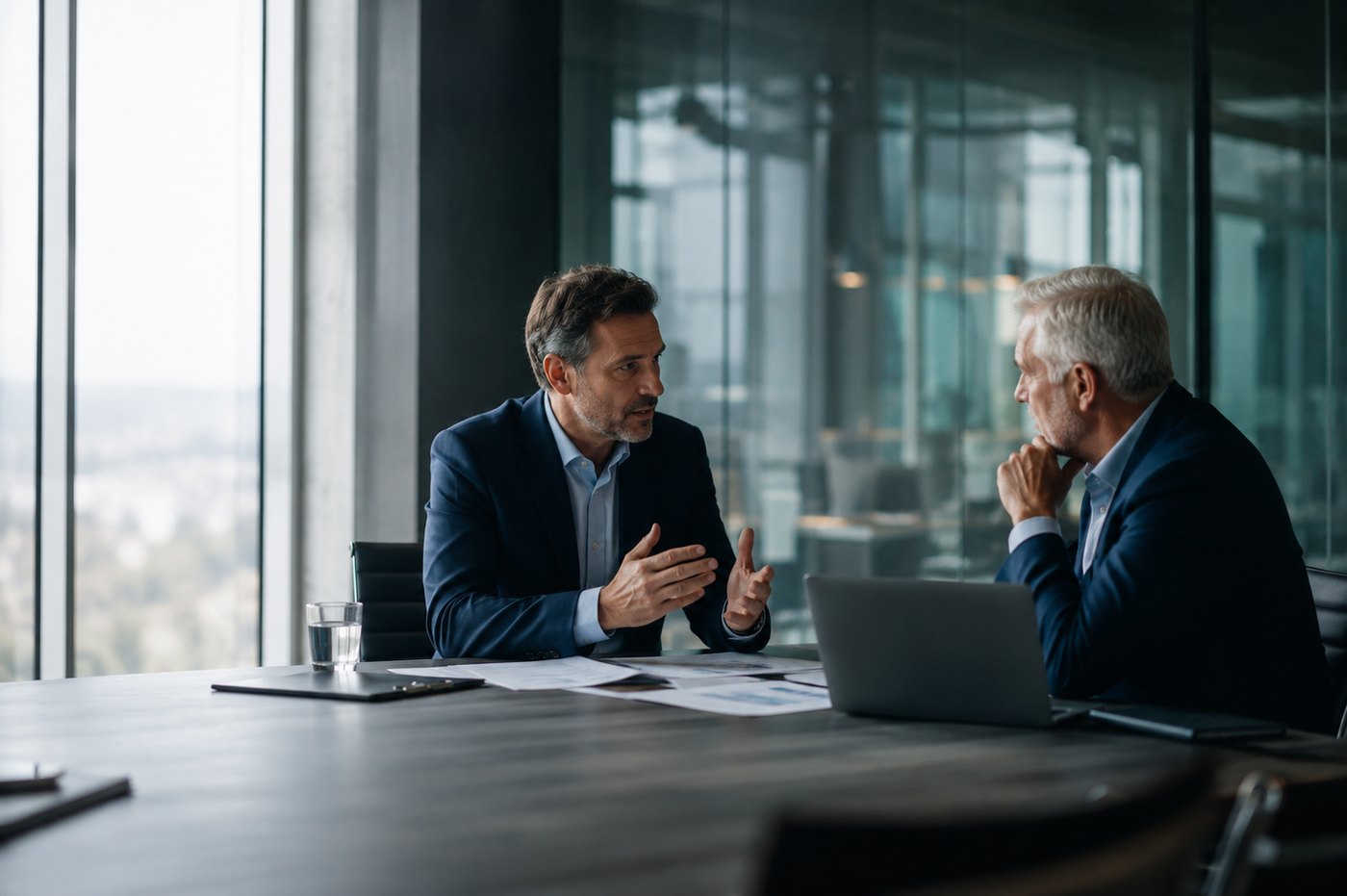 Two senior executives in discussion across a boardroom table, reviewing documents and analysis