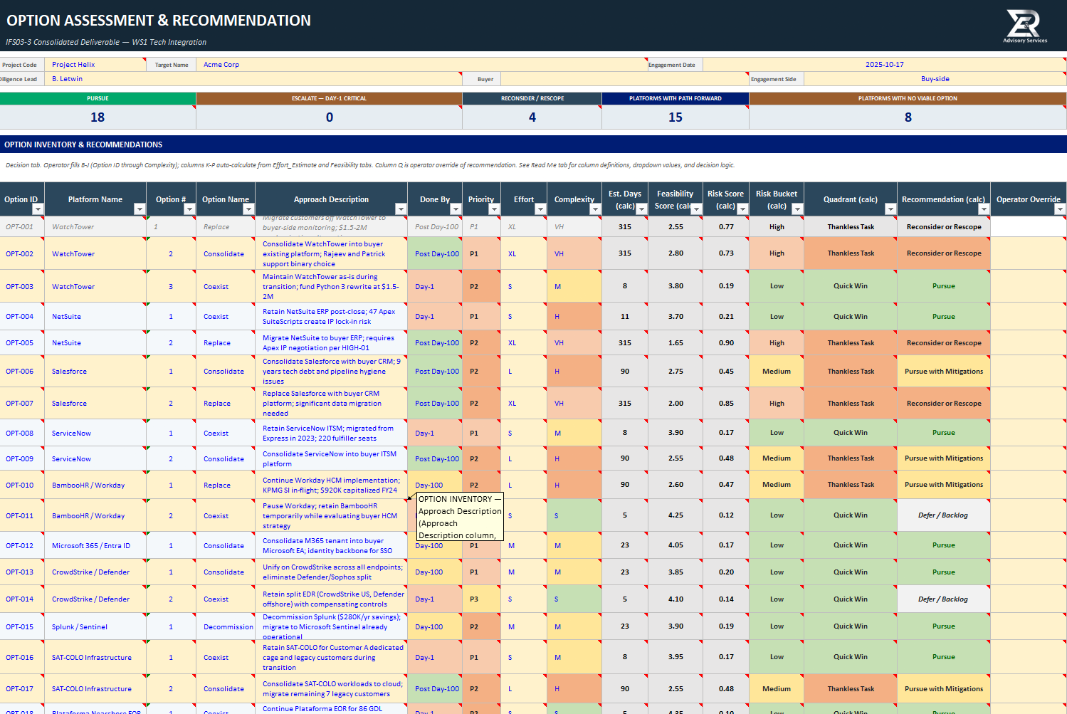 Sample option assessment and recommendation